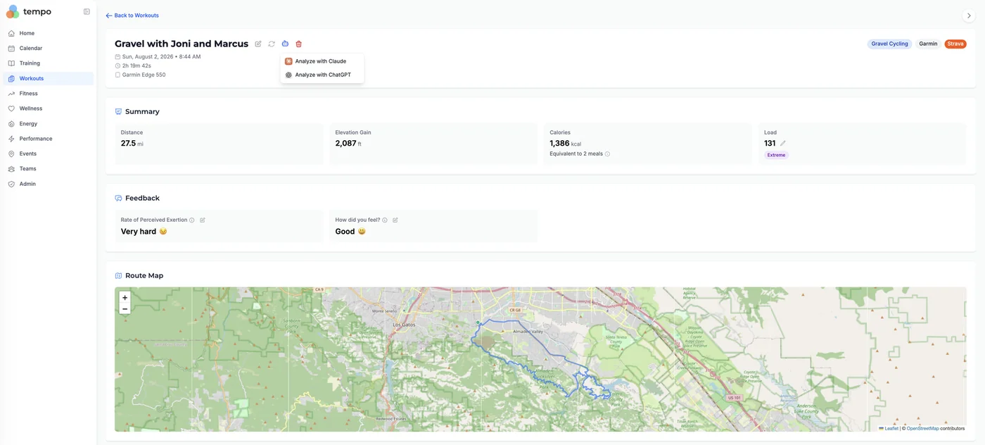 Workout detail page with the Analyze with AI menu open showing Analyze with Claude and Analyze with ChatGPT
