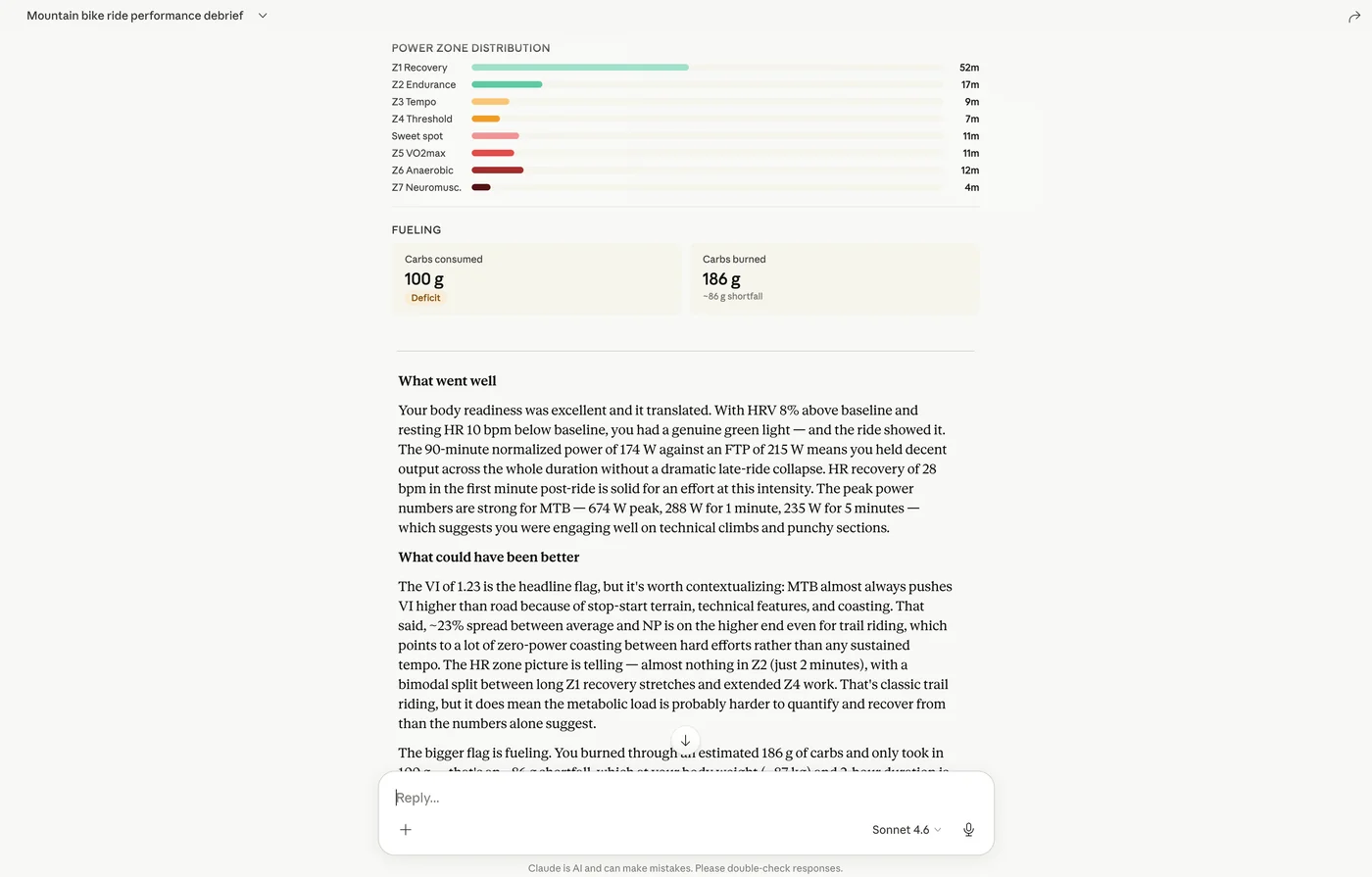 Claude reply showing power zone distribution, carbs consumed versus burned, and a What went well section