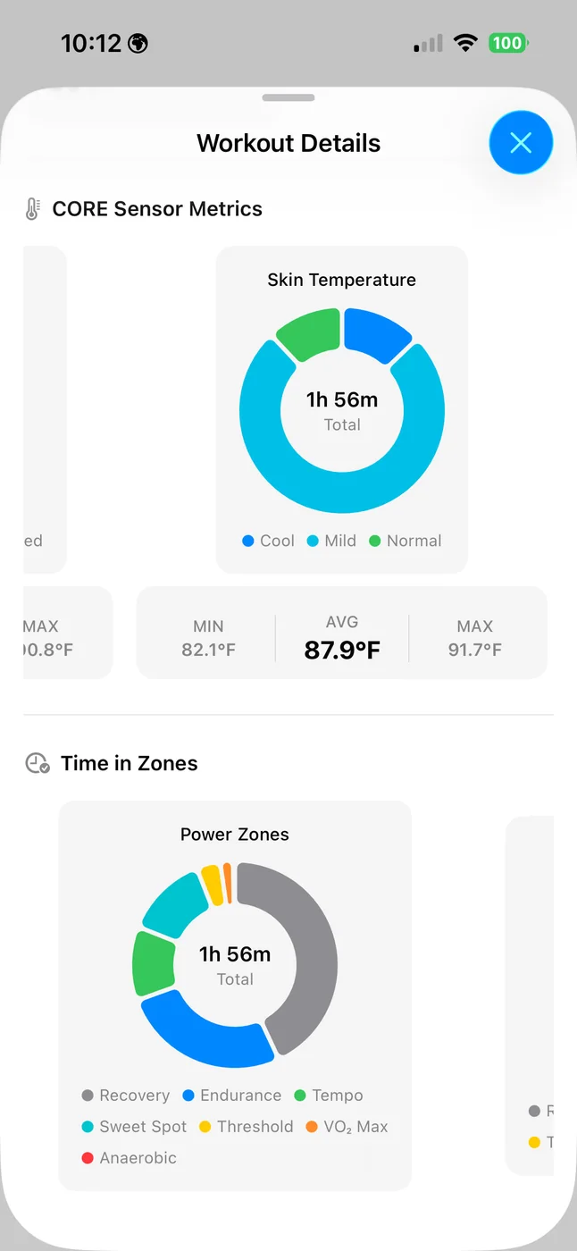 iOS Workout Details with a Skin Temperature time-in-zone donut and min/avg/max stats in Fahrenheit