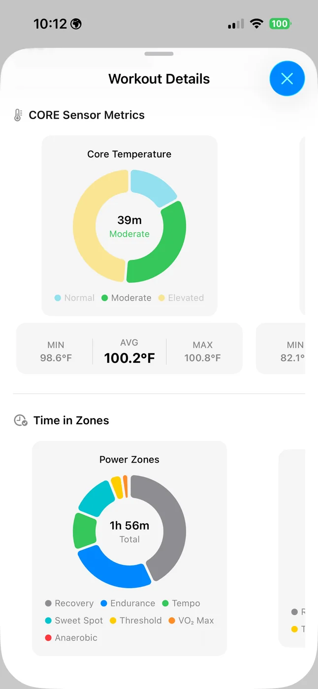 iOS Workout Details with a Core Temperature time-in-zone donut showing 39 minutes Moderate