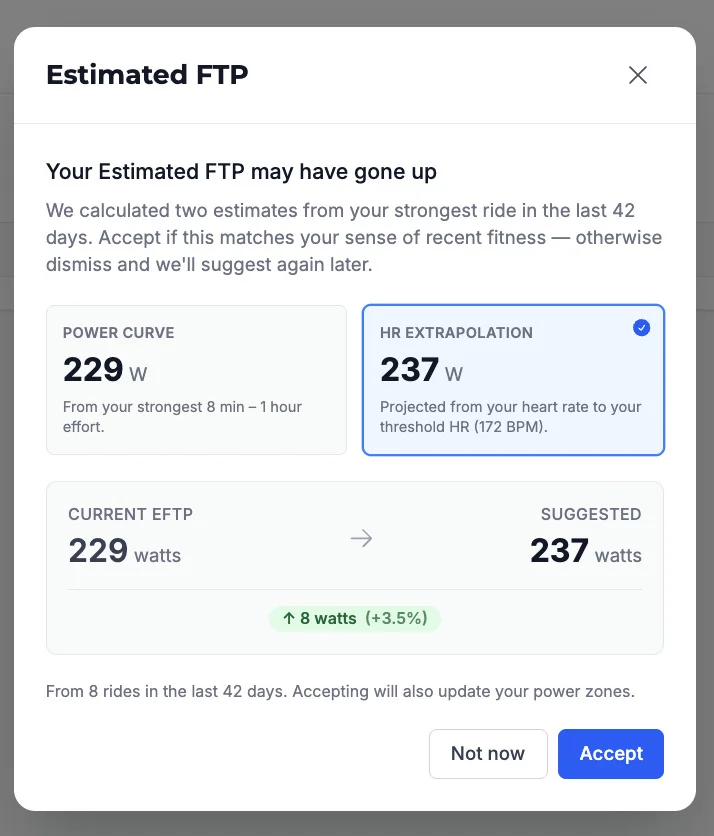 Estimated FTP modal with Power curve 229 W and HR extrapolation 237 W cards, the suggested change and Accept button