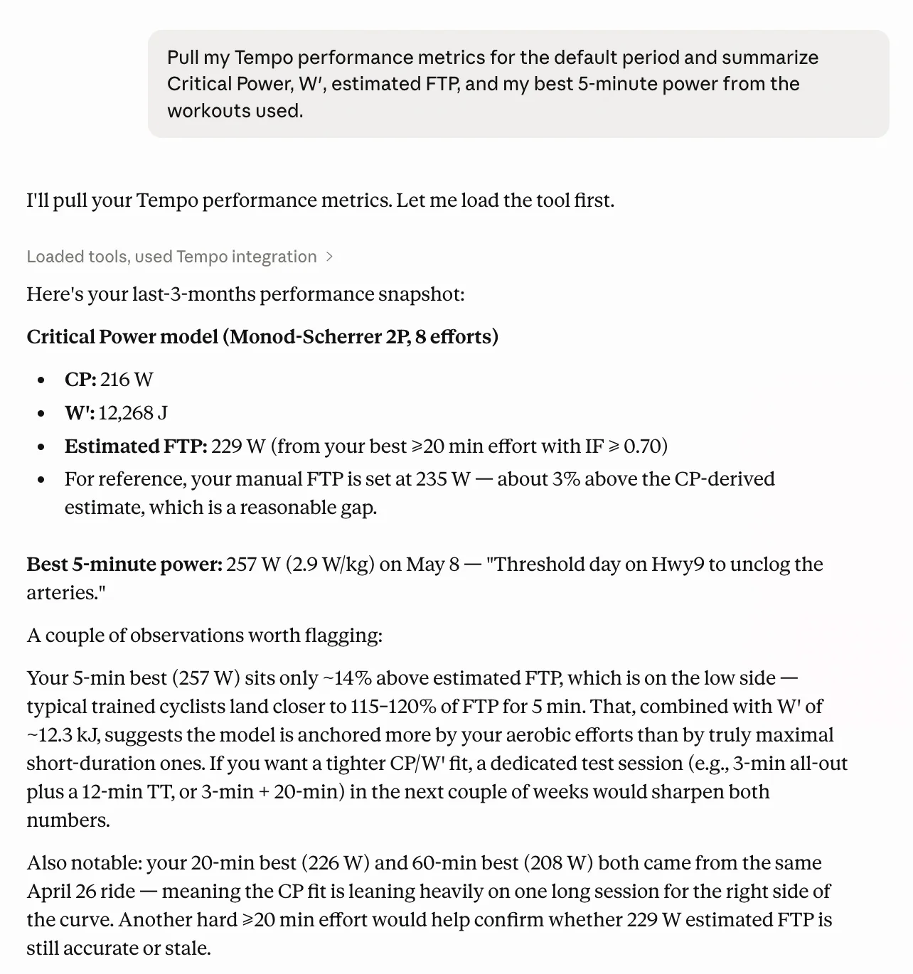 Claude answer summarizing Critical Power, W′, estimated FTP and best 5-minute power pulled from Tempo's performance metrics tool