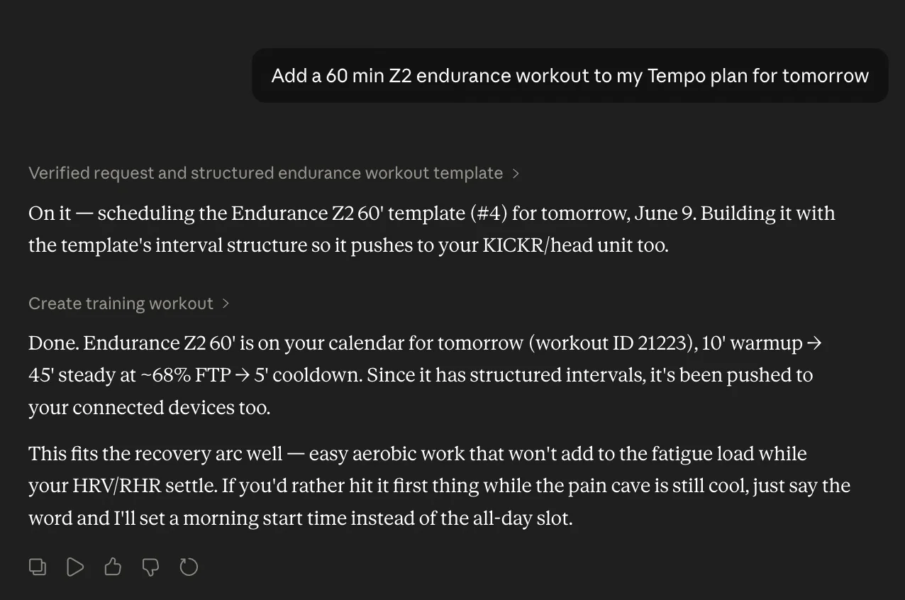 Claude scheduling a 60 min Z2 endurance workout for tomorrow from a Tempo template and confirming it was created
