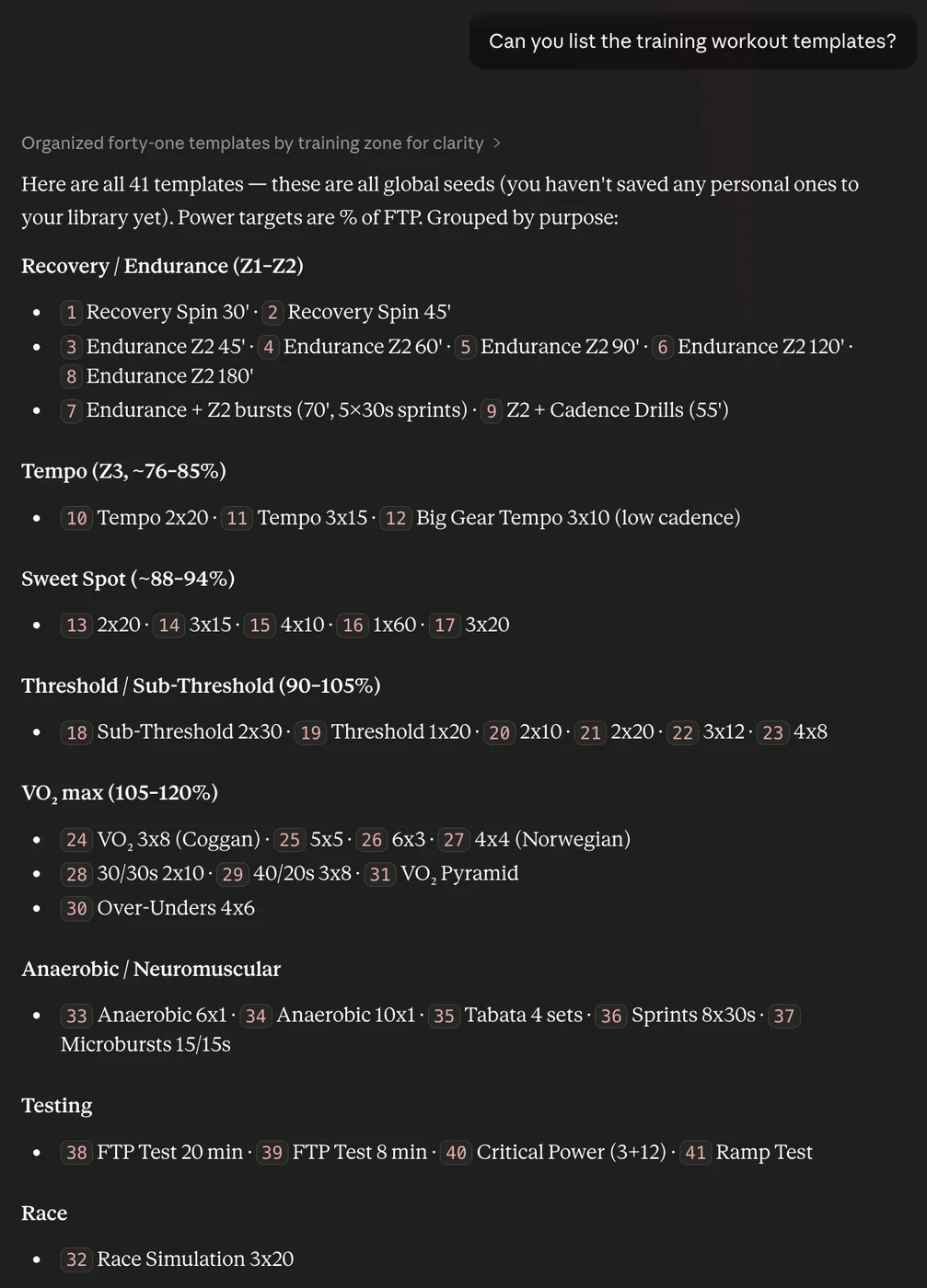 Claude listing 41 Tempo workout templates grouped by training zone