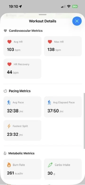 iOS Workout Details with Pacing Metrics cards for Avg Pace, Avg Elapsed Pace and Fastest Split