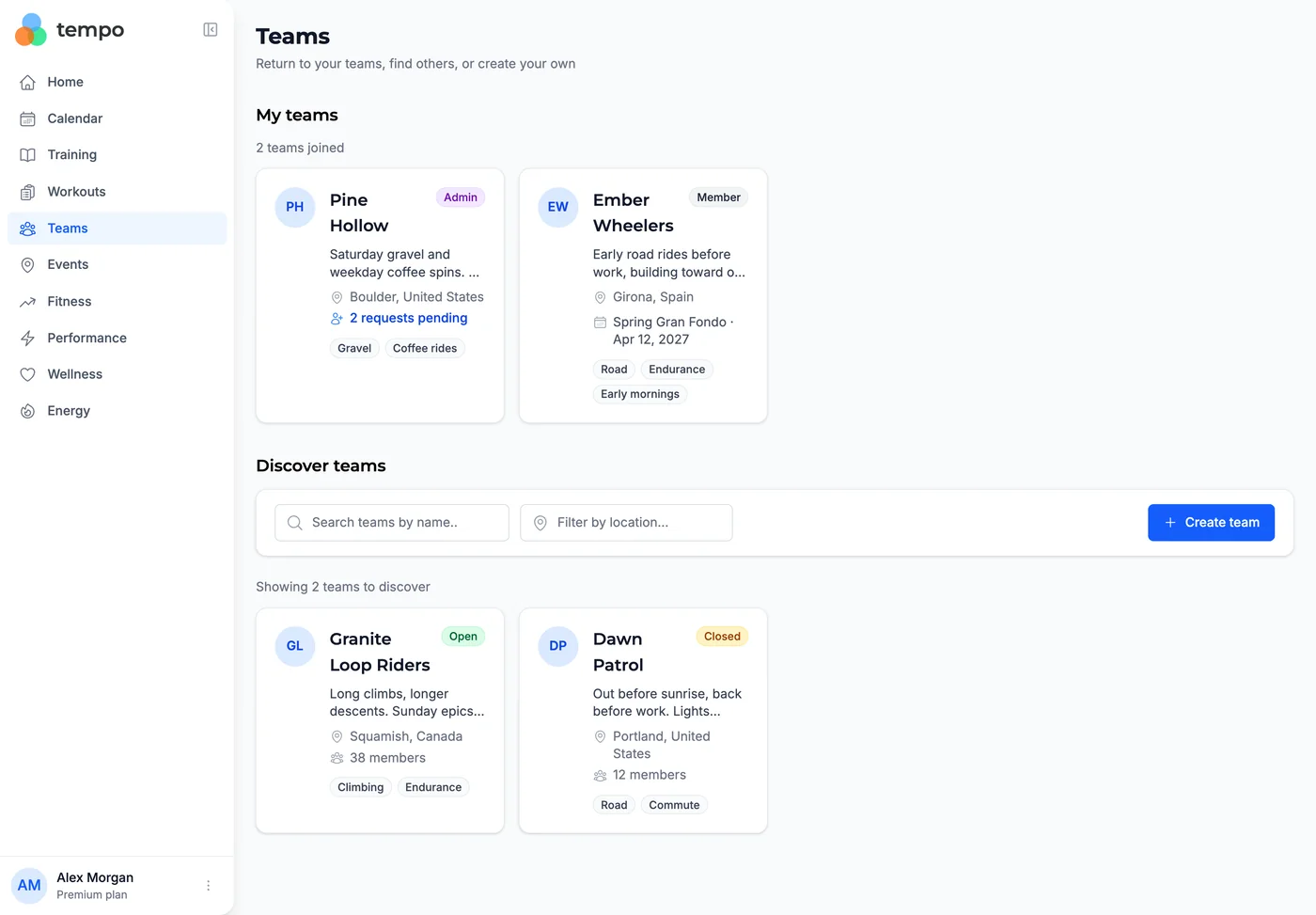Teams page with My teams showing Pine Hollow (Admin, 2 requests pending) and Ember Wheelers (Member), and Discover teams showing Granite Loop Riders (Open, 38 members) and Dawn Patrol (Closed, 12 members)