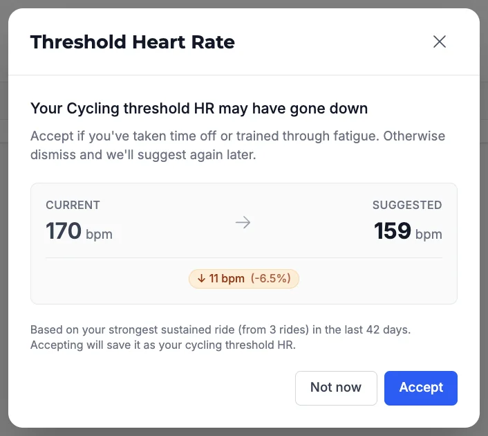 Threshold Heart Rate modal suggesting cycling threshold HR go from 170 to 159 bpm with Not now and Accept buttons