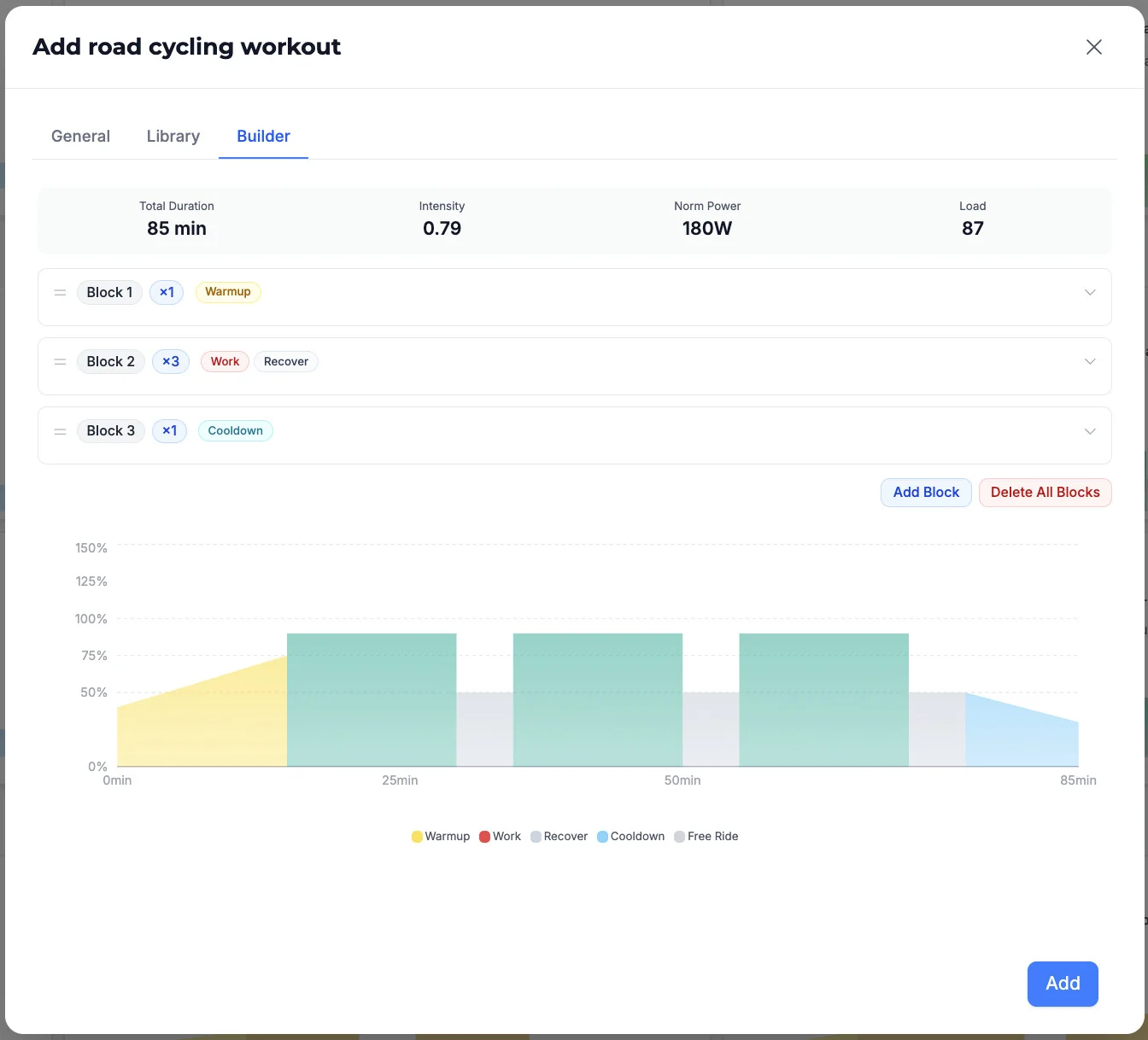 Add road cycling workout modal on the Builder tab with warmup, work and cooldown blocks and an interval chart