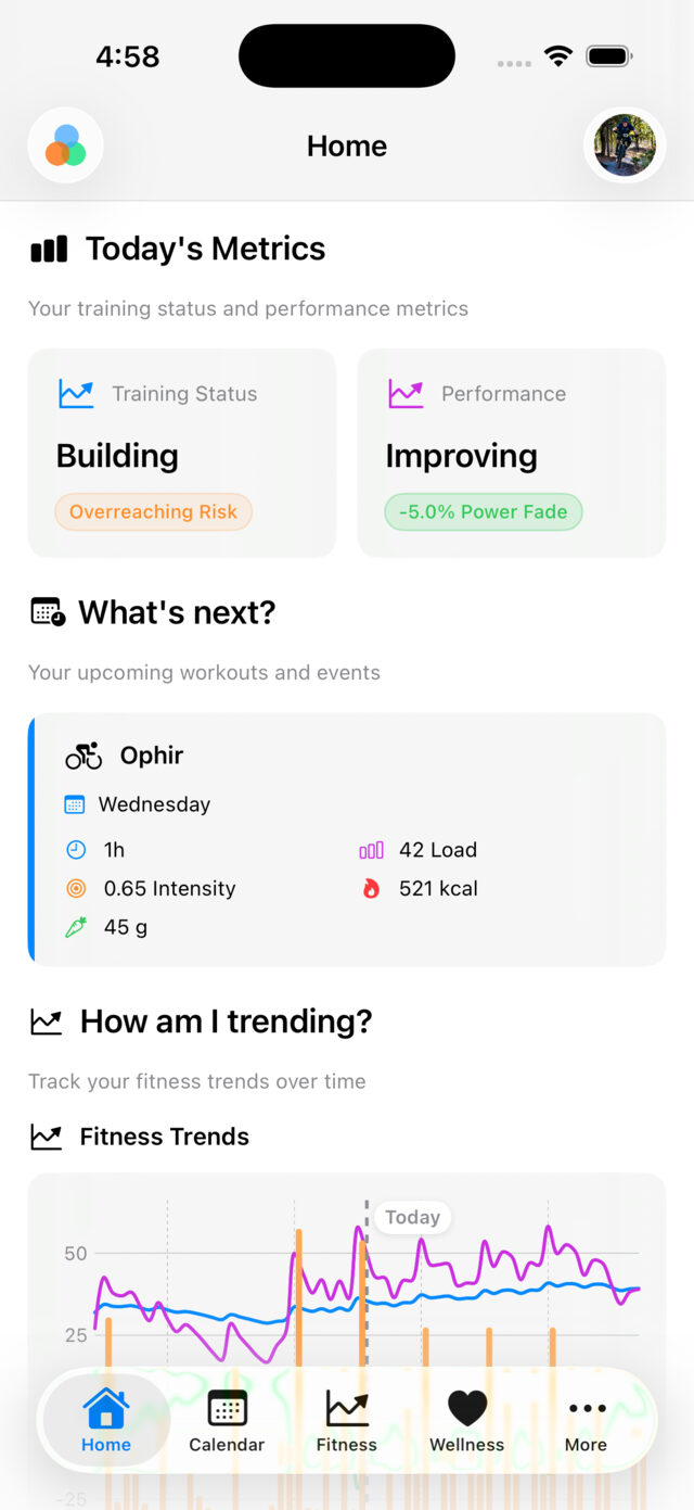 Tempo for iPhone showing today's metrics — training status, performance, and upcoming workouts