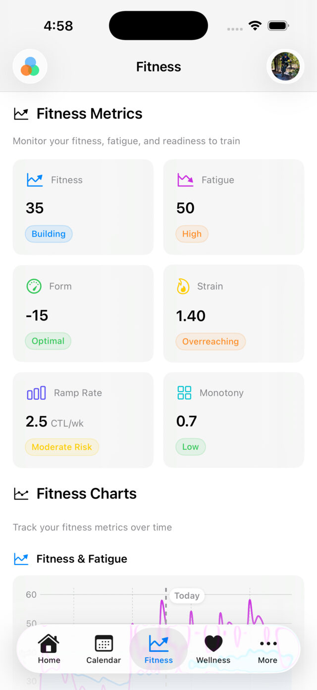 Tempo for iPhone showing fitness, fatigue, form and strain metrics with training load charts