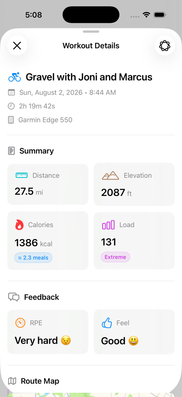 Tempo for iPhone showing a ride's detail view with distance, elevation, load, perceived exertion and route map