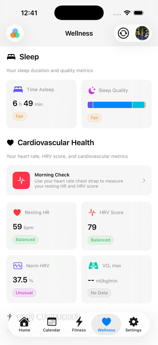 Tempo for iPhone showing sleep duration and quality alongside resting heart rate and HRV